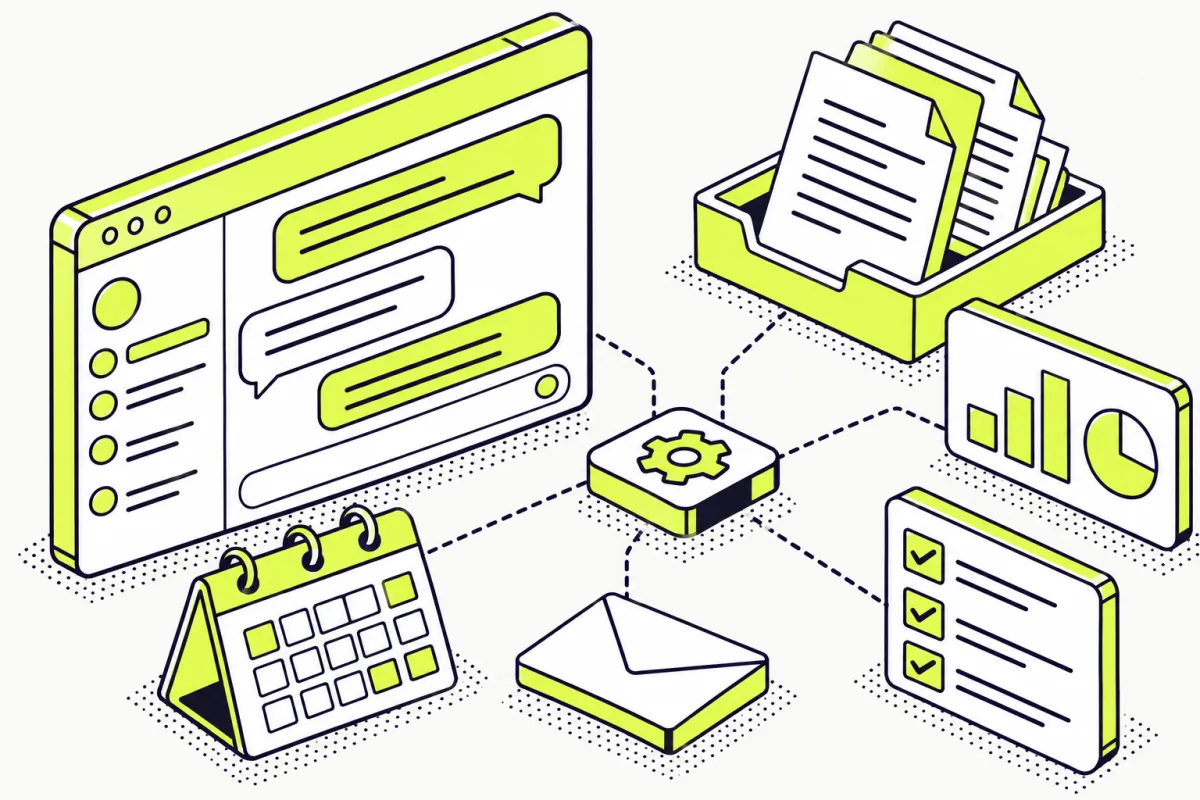Isometric illustration of an AI agent handling documents, email, calendar and reports