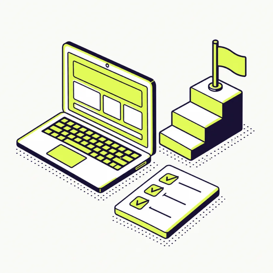 Isometric illustration of a laptop prototype, a roadmap and a checklist